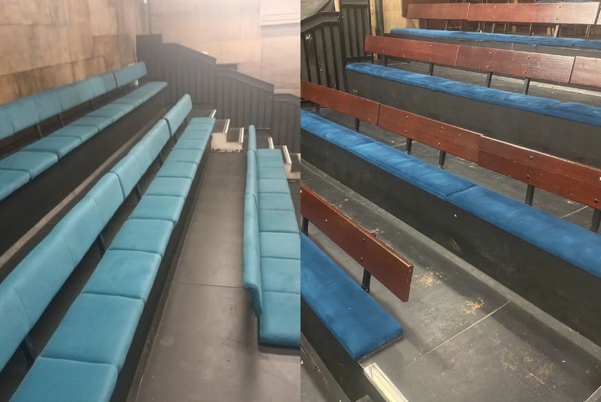 split screen, on the left new blue seating, on the right, old seating with blue chusions and a wooden back